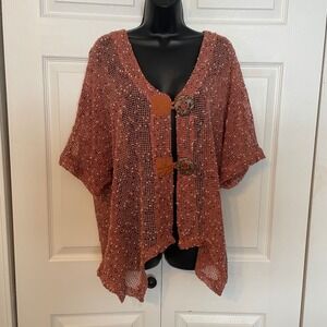 Katie Todd Rust Orange Open Knit Cardigan Women L Sheer Sweater Top Oversized
